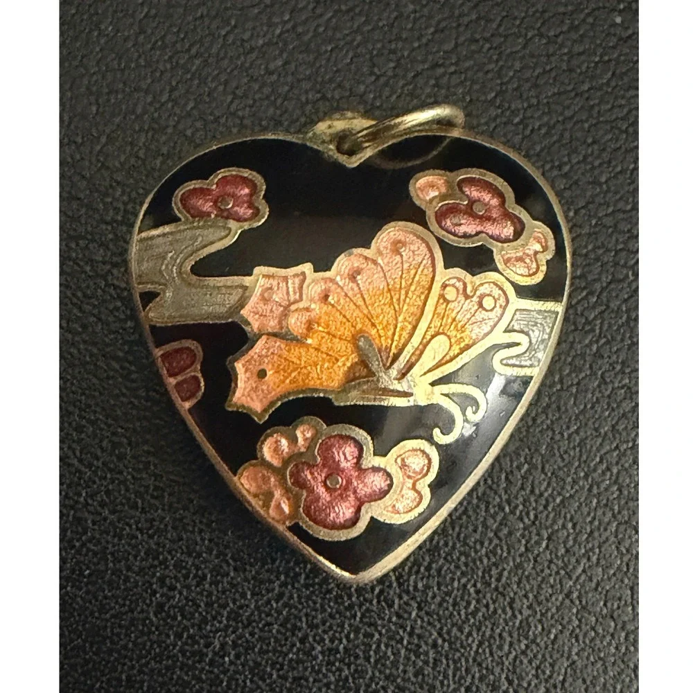 Vintage Cloisonne Pendant Heart Black Butterfly Floral